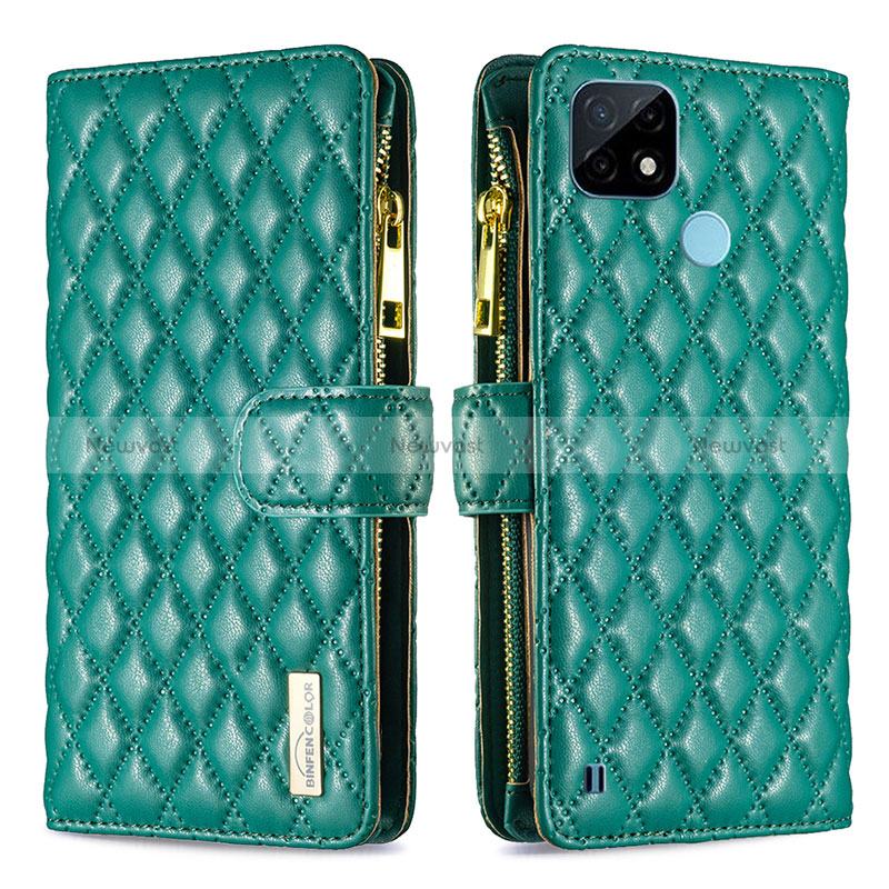 Leather Case Stands Flip Cover Holder B12F for Realme C21 Green