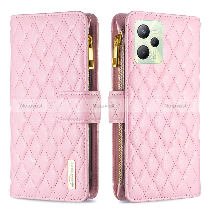 Leather Case Stands Flip Cover Holder B12F for Realme Narzo 50A Prime Rose Gold