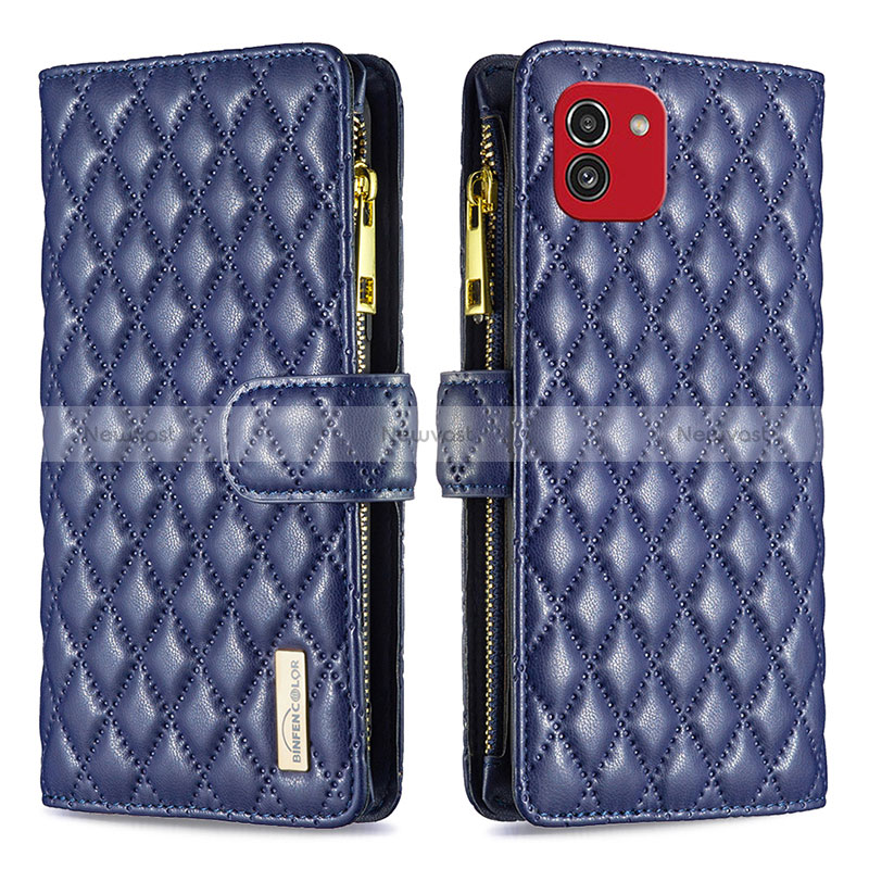 Leather Case Stands Flip Cover Holder B12F for Samsung Galaxy A03 Blue