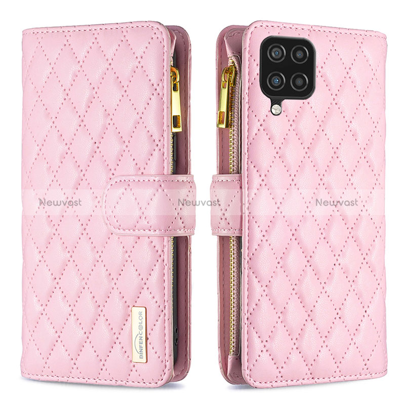 Leather Case Stands Flip Cover Holder B12F for Samsung Galaxy A12 5G Rose Gold