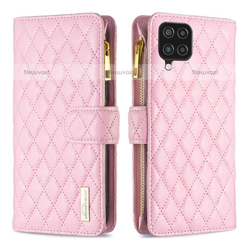 Leather Case Stands Flip Cover Holder B12F for Samsung Galaxy A12 Rose Gold