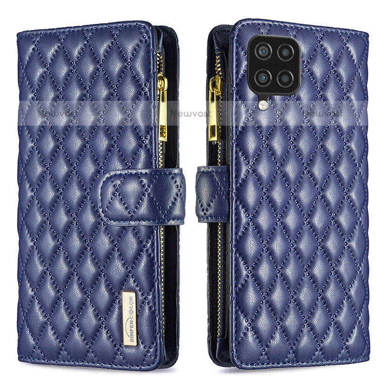 Leather Case Stands Flip Cover Holder B12F for Samsung Galaxy F12 Blue