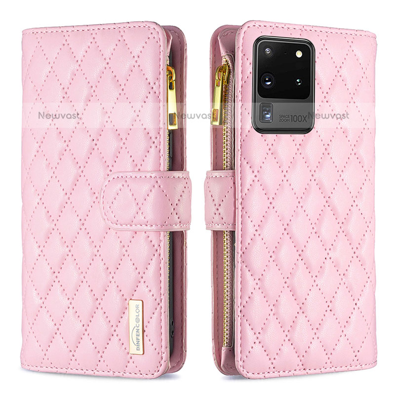 Leather Case Stands Flip Cover Holder B12F for Samsung Galaxy S20 Ultra Rose Gold