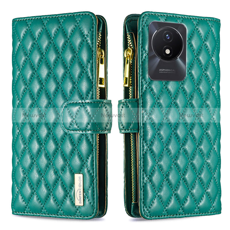 Leather Case Stands Flip Cover Holder B12F for Vivo Y02 Green