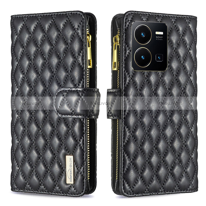 Leather Case Stands Flip Cover Holder B12F for Vivo Y35 4G Black