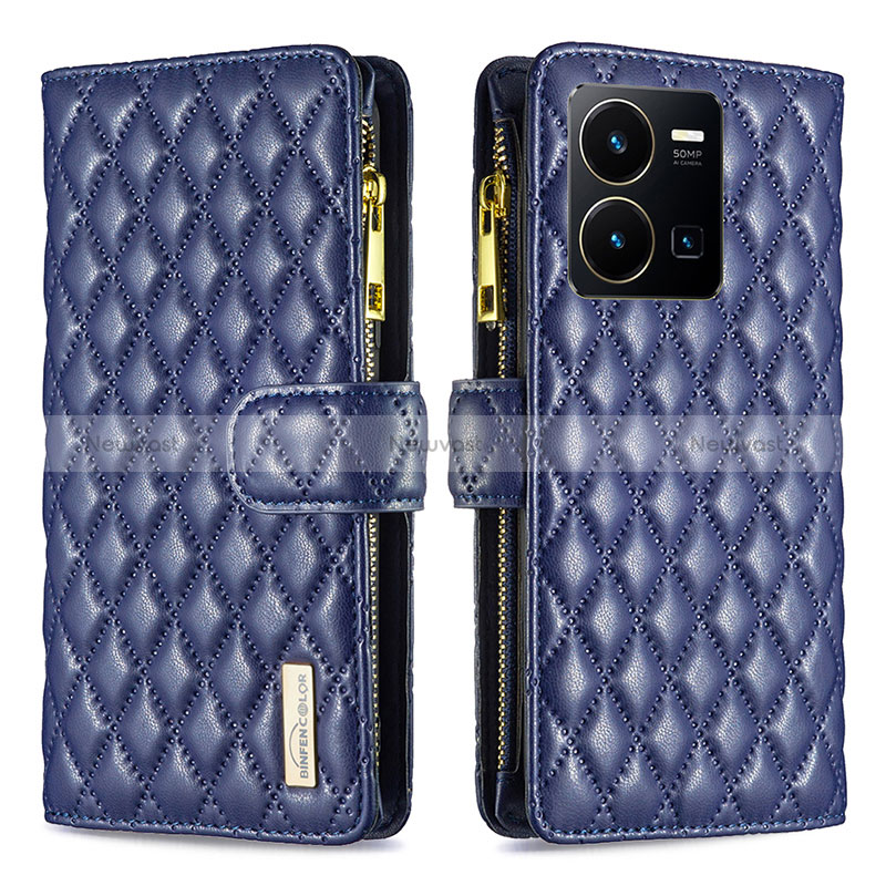 Leather Case Stands Flip Cover Holder B12F for Vivo Y35 4G Blue