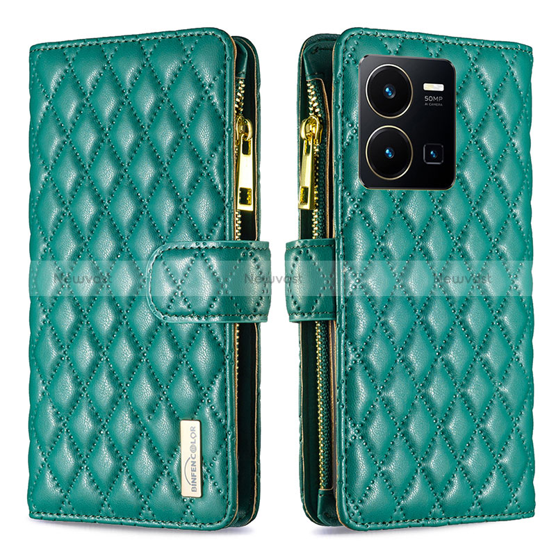 Leather Case Stands Flip Cover Holder B12F for Vivo Y35 4G Green