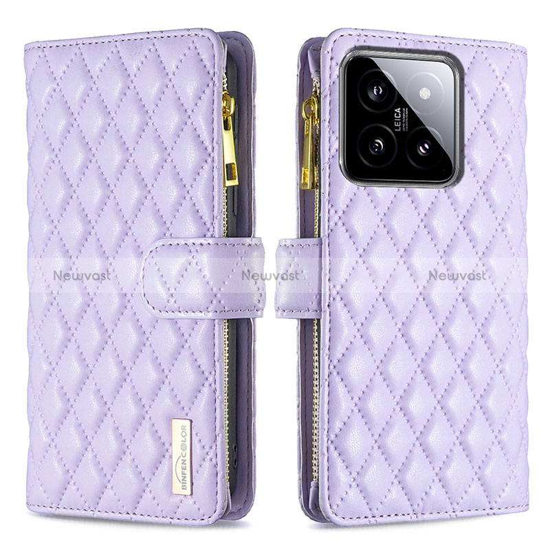 Leather Case Stands Flip Cover Holder B12F for Xiaomi Mi 14 Pro 5G Purple