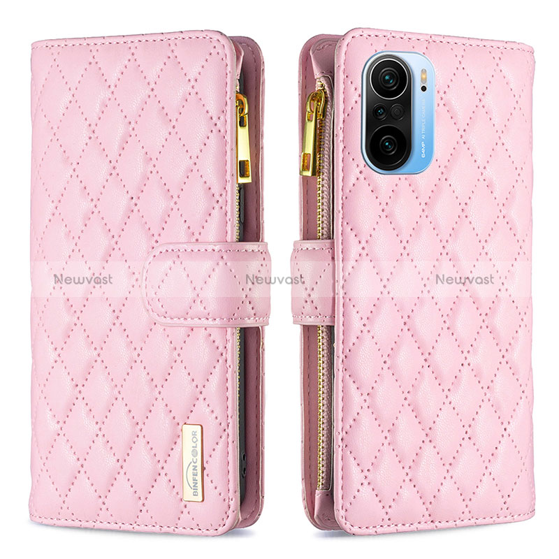 Leather Case Stands Flip Cover Holder B12F for Xiaomi Poco F3 5G Rose Gold