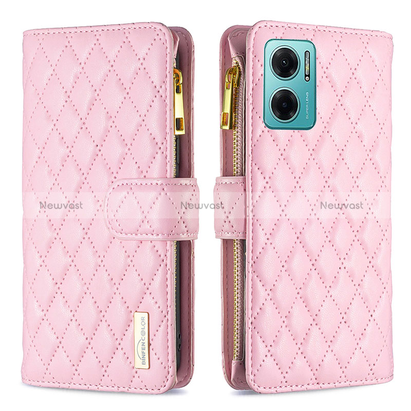 Leather Case Stands Flip Cover Holder B12F for Xiaomi Redmi 10 5G Rose Gold