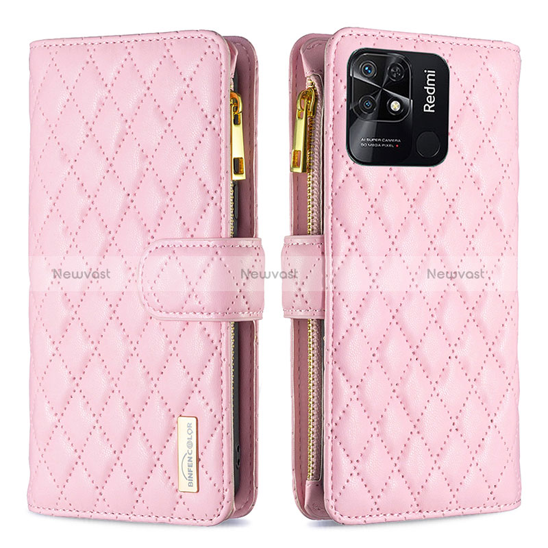 Leather Case Stands Flip Cover Holder B12F for Xiaomi Redmi 10 Power Rose Gold