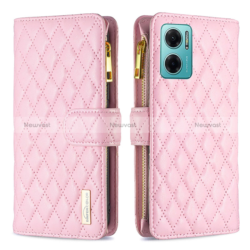 Leather Case Stands Flip Cover Holder B12F for Xiaomi Redmi 10 Prime Plus 5G Rose Gold