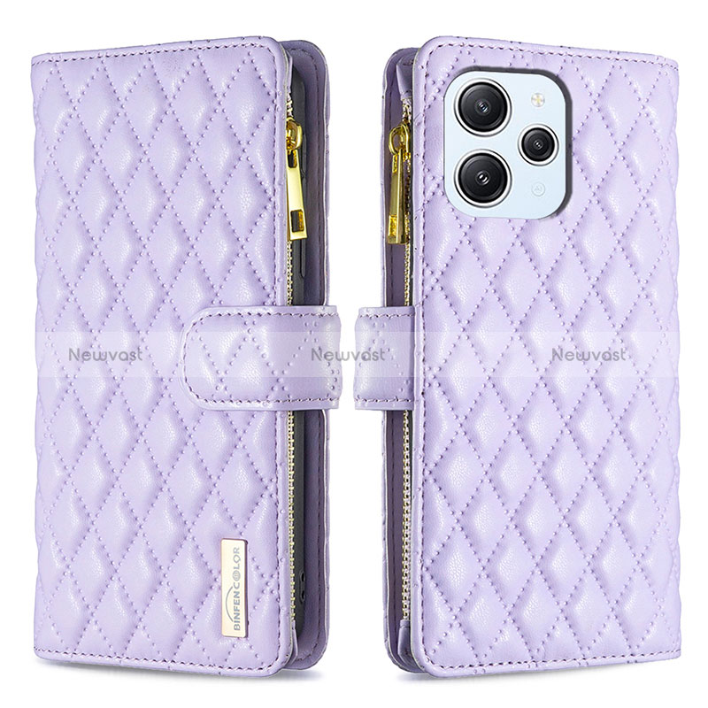 Leather Case Stands Flip Cover Holder B12F for Xiaomi Redmi 12 4G Purple