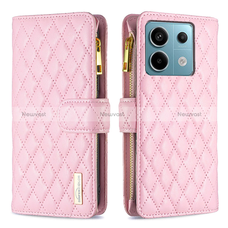 Leather Case Stands Flip Cover Holder B12F for Xiaomi Redmi Note 13 Pro 5G Rose Gold