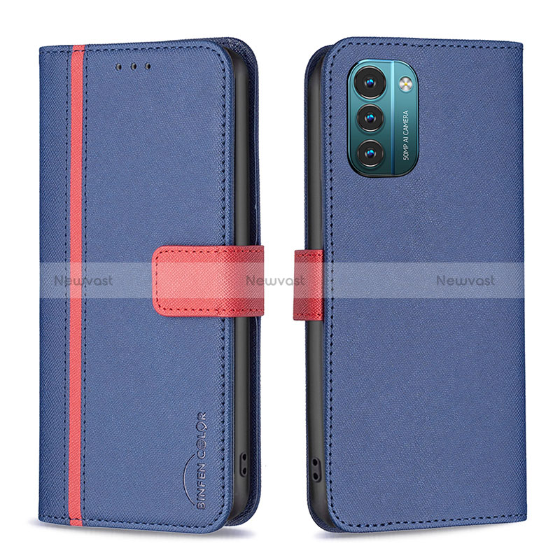 Leather Case Stands Flip Cover Holder B13F for Nokia G21 Blue