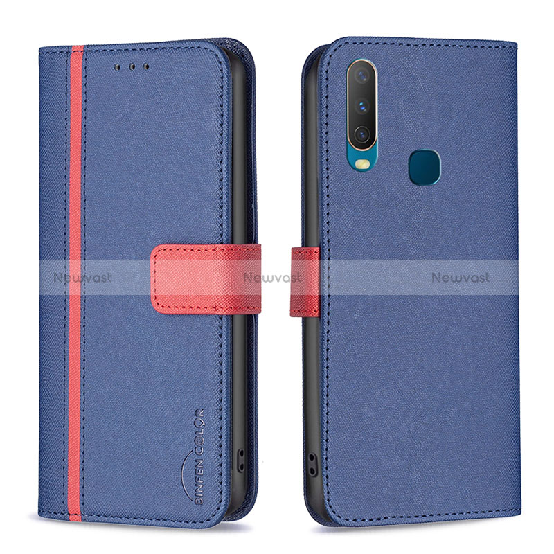 Leather Case Stands Flip Cover Holder B13F for Vivo Y12 Blue