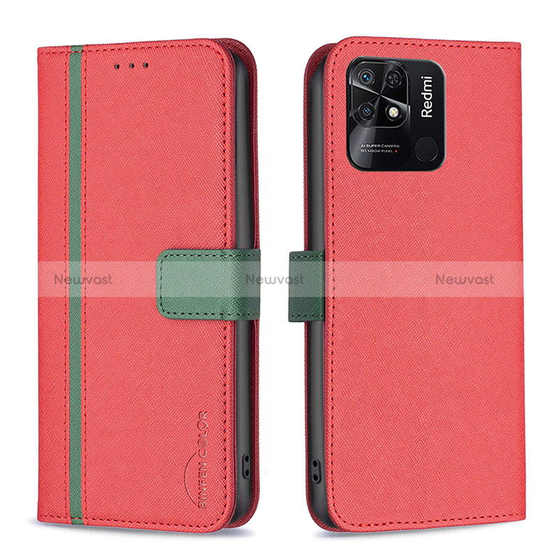 Leather Case Stands Flip Cover Holder B13F for Xiaomi Redmi 10 India Red