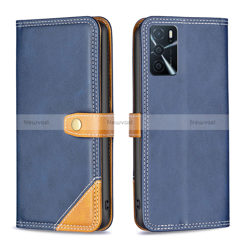 Leather Case Stands Flip Cover Holder B14F for Oppo A16 Blue