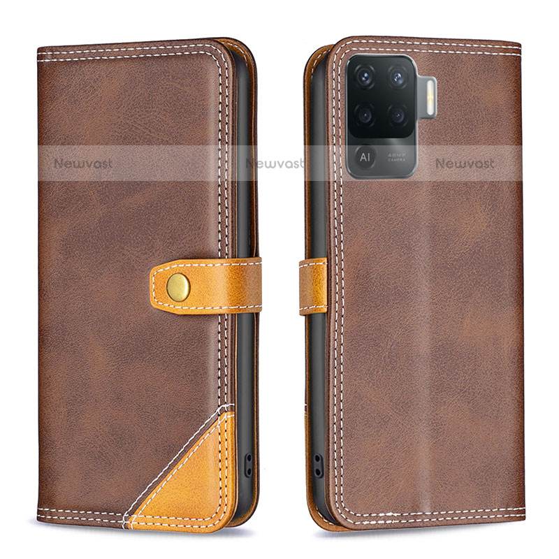 Leather Case Stands Flip Cover Holder B14F for Oppo F19 Pro Brown