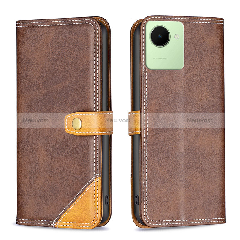 Leather Case Stands Flip Cover Holder B14F for Realme C30s Brown