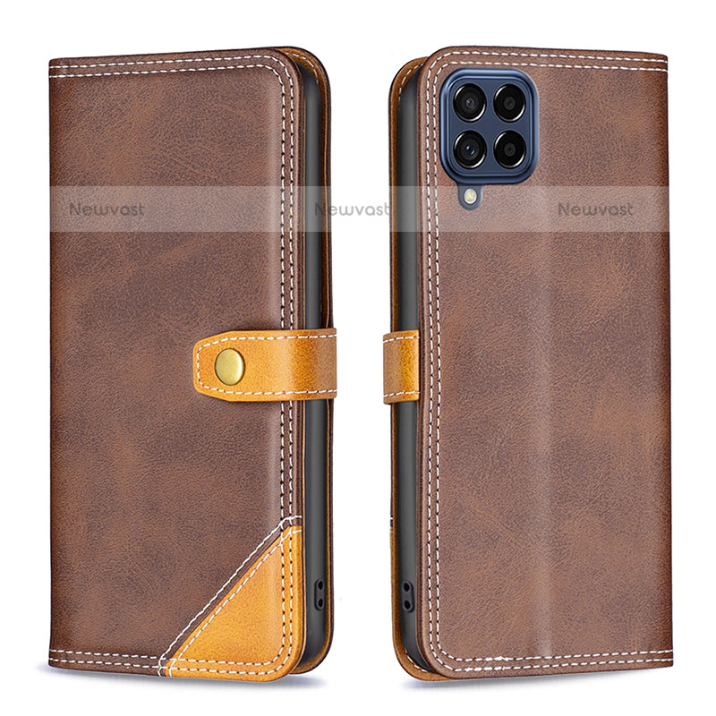 Leather Case Stands Flip Cover Holder B14F for Samsung Galaxy M53 5G Brown