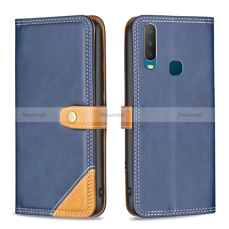 Leather Case Stands Flip Cover Holder B14F for Vivo Y12 Blue