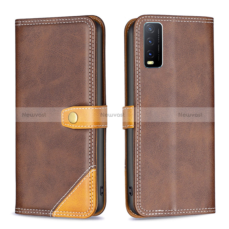 Leather Case Stands Flip Cover Holder B14F for Vivo Y12s (2021) Brown