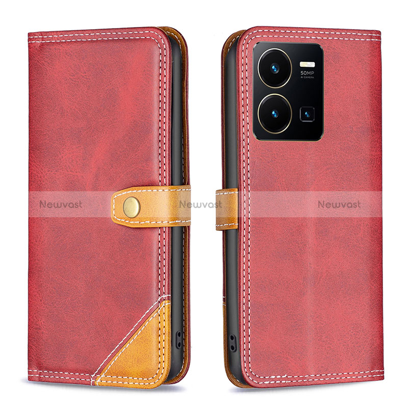 Leather Case Stands Flip Cover Holder B14F for Vivo Y35 4G Red