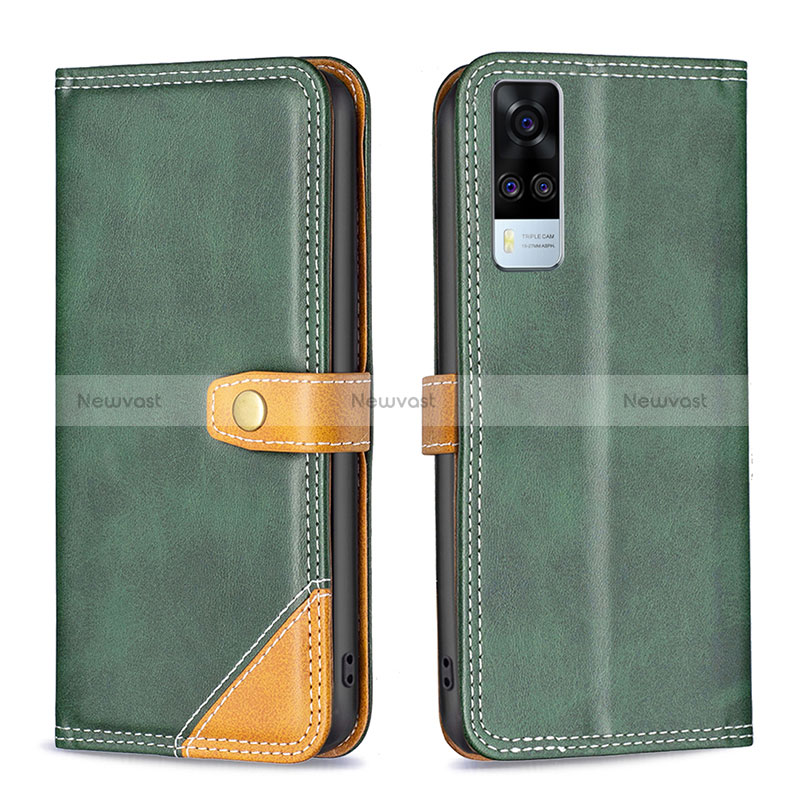 Leather Case Stands Flip Cover Holder B14F for Vivo Y51A Green