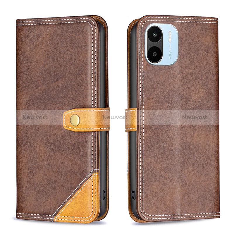 Leather Case Stands Flip Cover Holder B14F for Xiaomi Poco C51 Brown