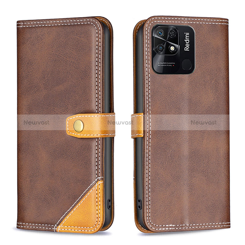 Leather Case Stands Flip Cover Holder B14F for Xiaomi Redmi 10 India Brown