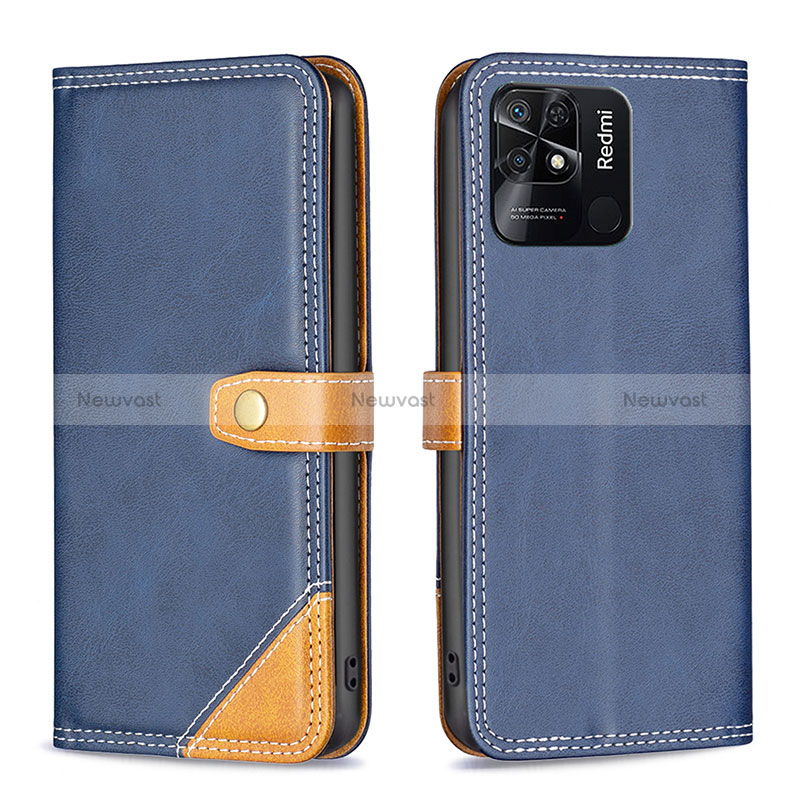 Leather Case Stands Flip Cover Holder B14F for Xiaomi Redmi 10C 4G Blue