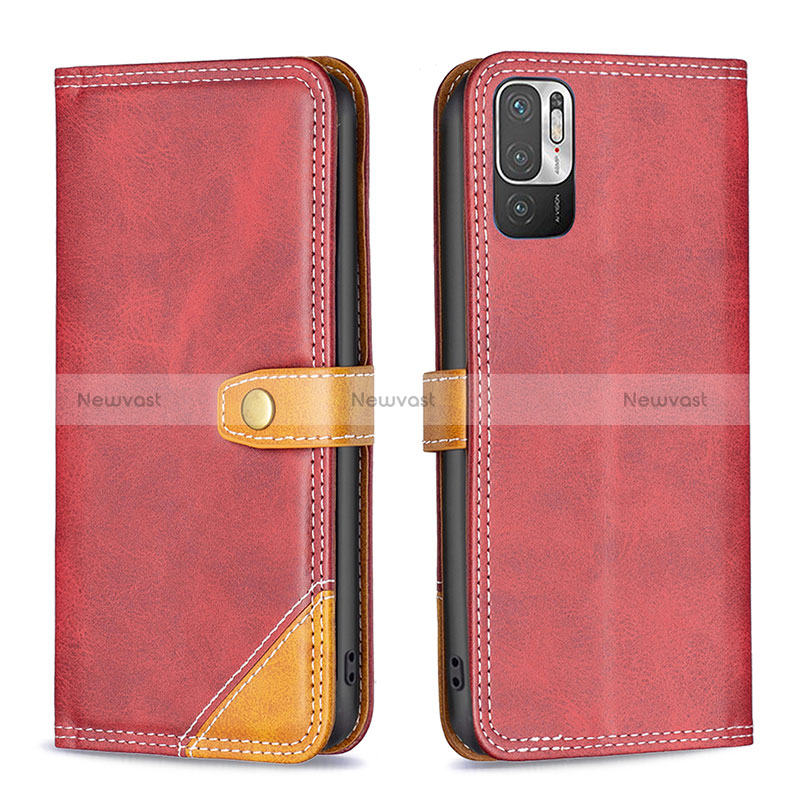 Leather Case Stands Flip Cover Holder B14F for Xiaomi Redmi Note 10 5G Red