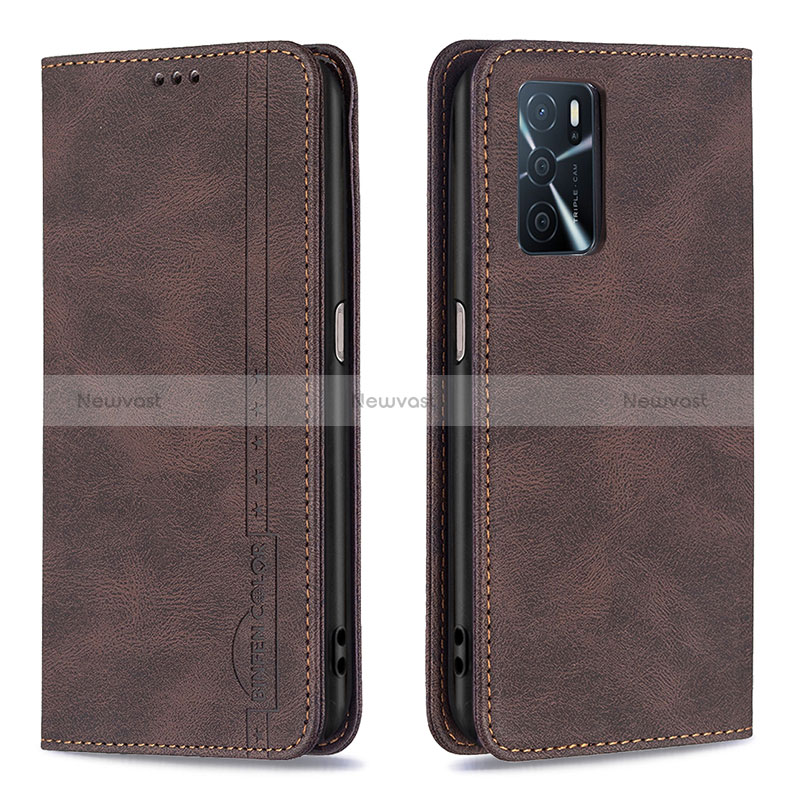 Leather Case Stands Flip Cover Holder B15F for Oppo A16 Brown