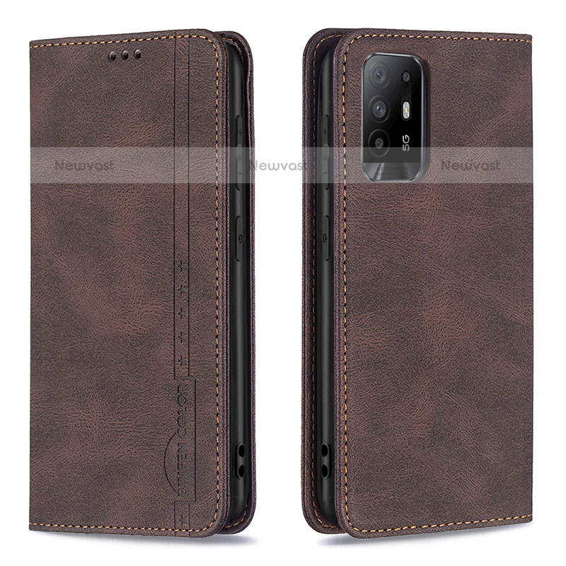 Leather Case Stands Flip Cover Holder B15F for Oppo F19 Pro+ Plus 5G Brown