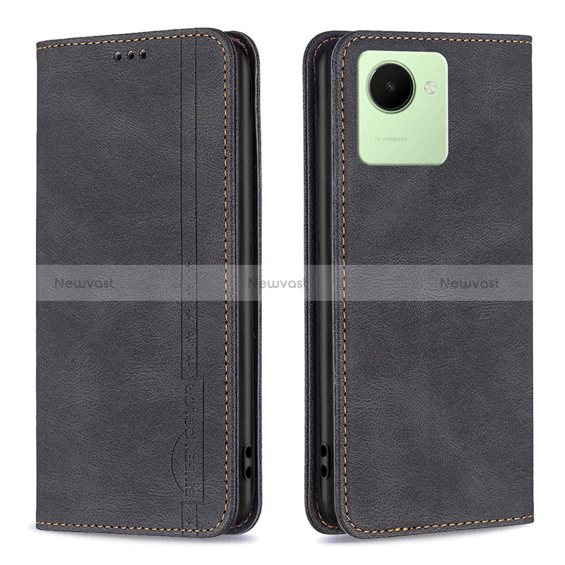 Leather Case Stands Flip Cover Holder B15F for Realme C30 Black