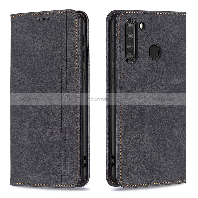 Leather Case Stands Flip Cover Holder B15F for Samsung Galaxy A21 Black