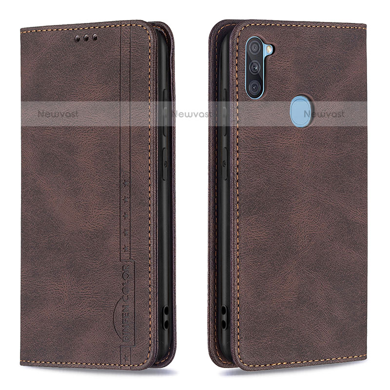 Leather Case Stands Flip Cover Holder B15F for Samsung Galaxy M11 Brown