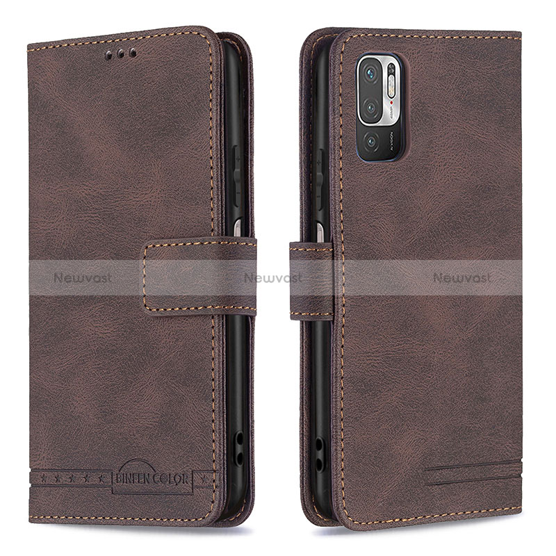 Leather Case Stands Flip Cover Holder B15F for Xiaomi POCO M3 Pro 5G Brown