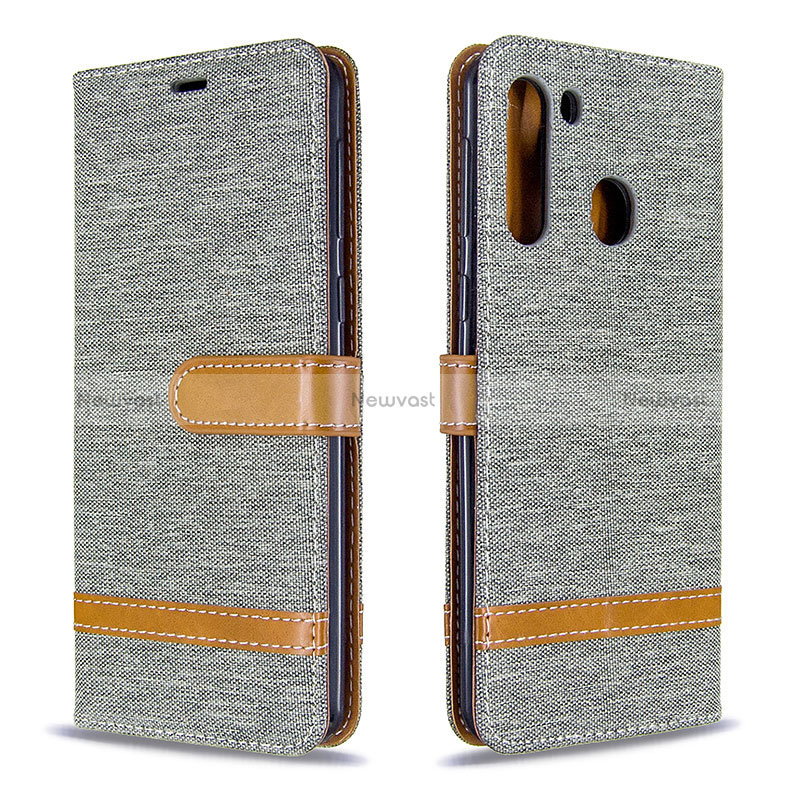 Leather Case Stands Flip Cover Holder B16F for Samsung Galaxy A21 Gray