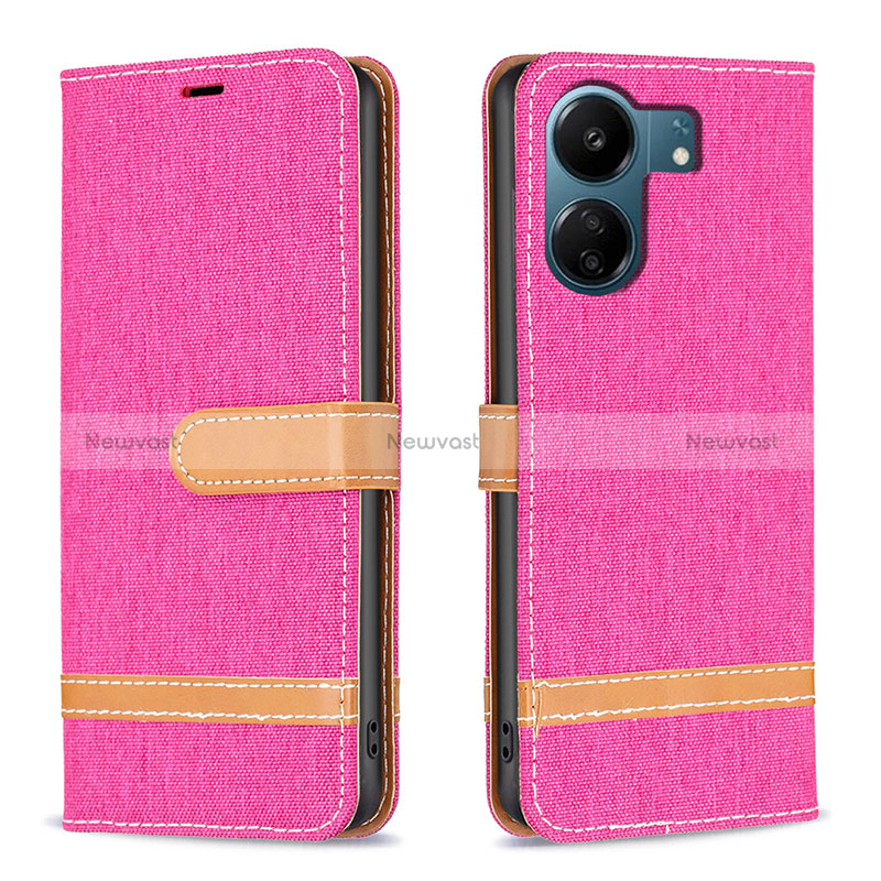 Leather Case Stands Flip Cover Holder B16F for Xiaomi Redmi 13C Hot Pink