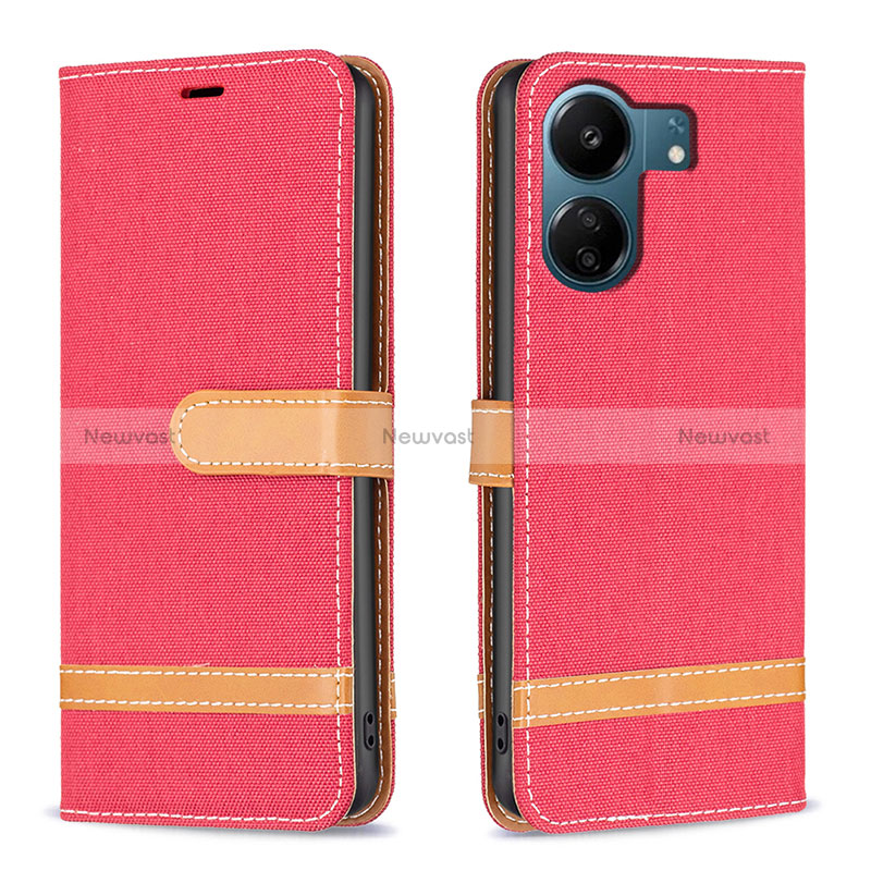 Leather Case Stands Flip Cover Holder B16F for Xiaomi Redmi 13C Red