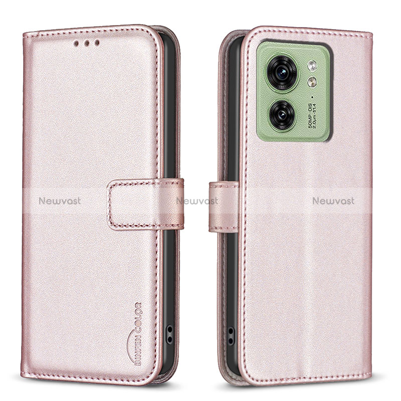 Leather Case Stands Flip Cover Holder B17F for Motorola Moto Edge (2023) 5G Rose Gold