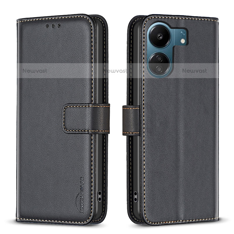 Leather Case Stands Flip Cover Holder B17F for Xiaomi Poco C65 Black