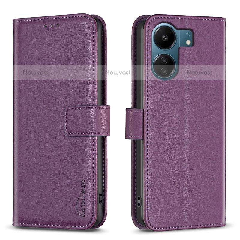 Leather Case Stands Flip Cover Holder B17F for Xiaomi Poco C65 Purple