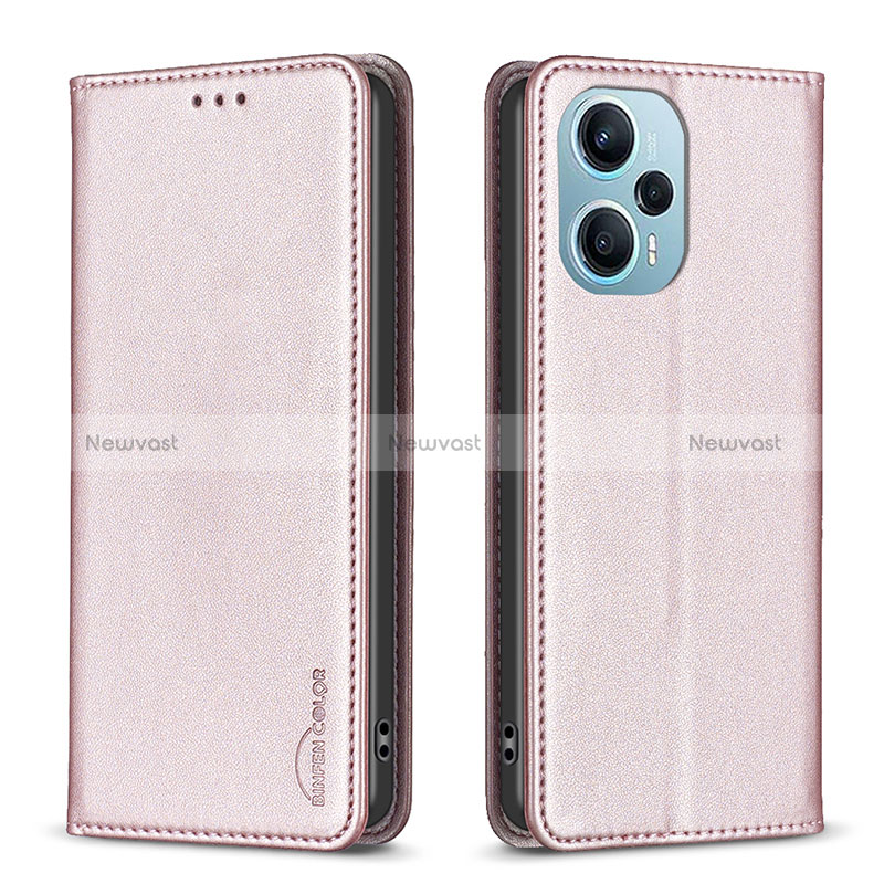 Leather Case Stands Flip Cover Holder B17F for Xiaomi Poco F5 5G Rose Gold