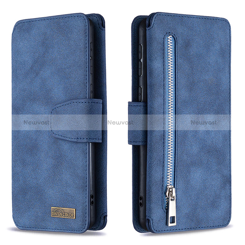 Leather Case Stands Flip Cover Holder B18F for Samsung Galaxy A21 Blue