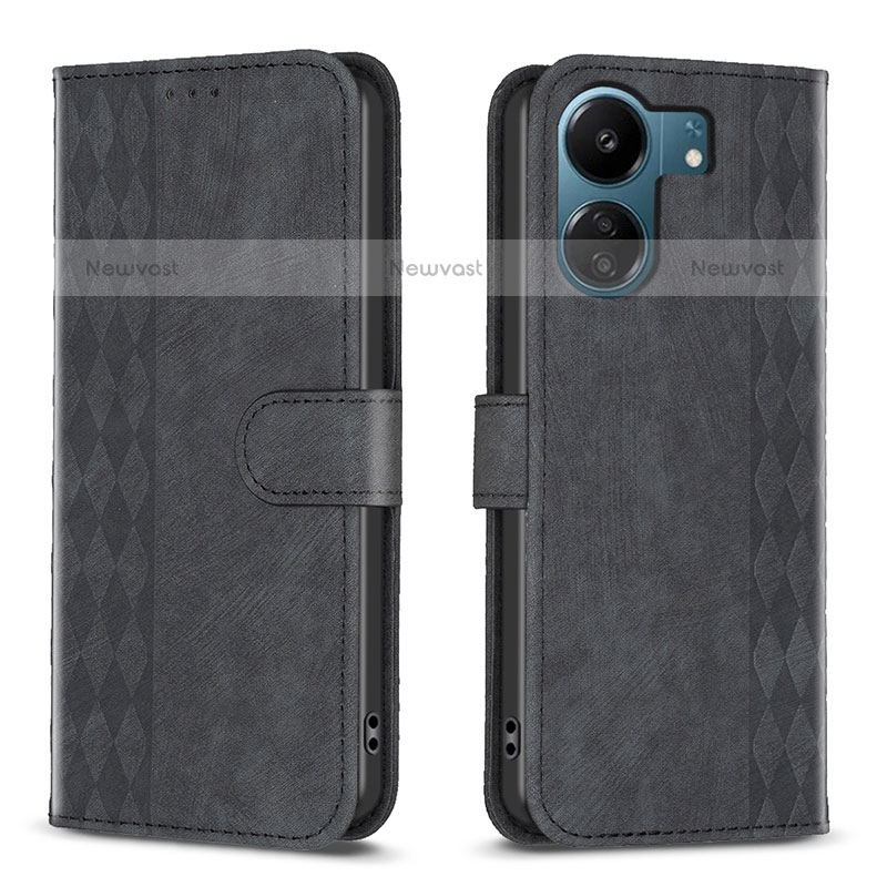 Leather Case Stands Flip Cover Holder B21F for Xiaomi Poco C65 Black