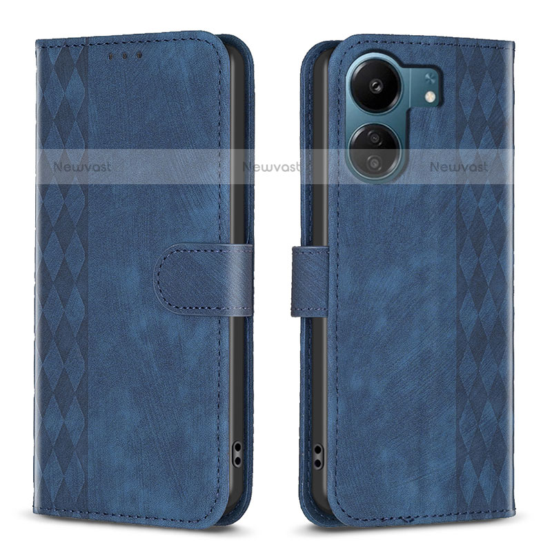 Leather Case Stands Flip Cover Holder B21F for Xiaomi Poco C65 Blue