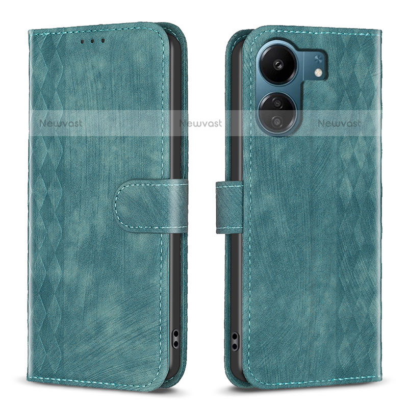 Leather Case Stands Flip Cover Holder B21F for Xiaomi Poco C65 Green